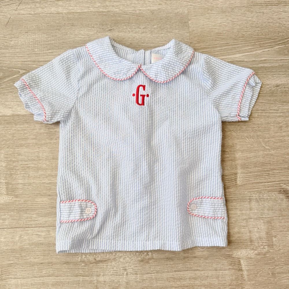 Cecil and Lou Kids Blue Seersucker Monogram G Peter Pan Collar Shirt 4T